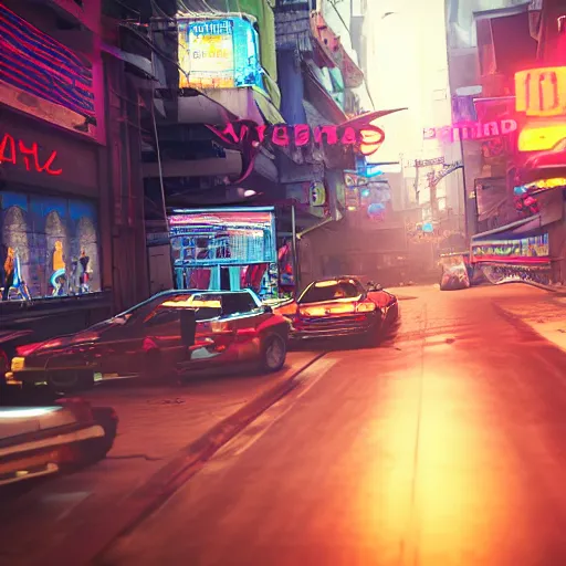 Image similar to a 3 d rendered in unreal engine guatemalan cyberpunk city with neon ads and signs with evocative dramatic mood with blade runner vibe with cars with motion blur with depth of field with bloom with lightshaft with volumetric lights, fog, by scott robertson, oscar winning graphics, photo realistic, bloom, imax, dynamic lighting, artstation,