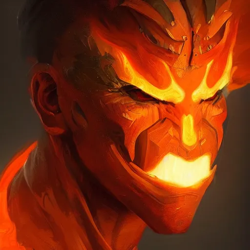 Prompt: humanoid fire elemental, male, face, head shot, fantasy, highly detailed, digital painting, artstation, concept art, smooth, sharp focus, illustration, art by artgerm and greg rutkowski and alphonse mucha
