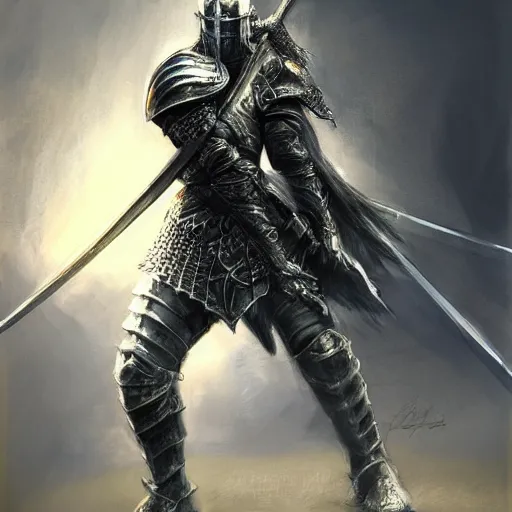 Image similar to messi as a knight crouching down holding a sword over his head by daniel gerhartz, artorias, abysswalker, dark souls, featured on deviantart, fantasy art, concept art, 2 d game art, official art