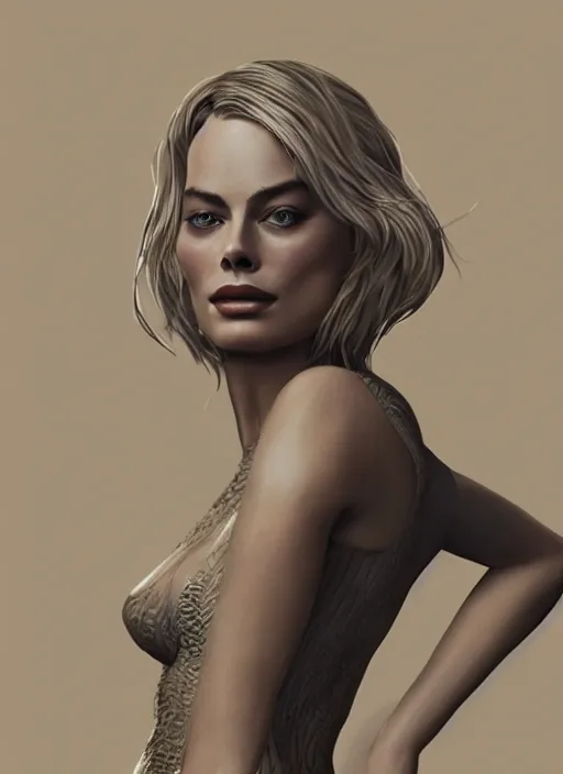 Image similar to Margot Robbie legs open, ultra realist and ultra intricate detailed, sensual gloomy style, volumetric lighting, artstation, unreal render, depth of field