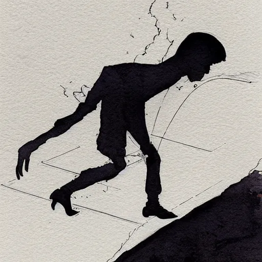 Image similar to a man dragging a dark silhouette by the ankle, detailed watercolor pen ink illustraion by Hugo Prades