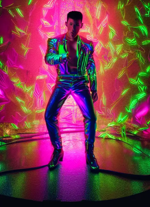 Image similar to photo of baroque and bladerunner delicate neon emerald sculpture of seductive prince nick jonas pink iridescent humanoid deity wearing metallic jungle leaves, crystal tigers, glowing rainbow lights, crown made of hands, cinematic lighting, photorealistic, octane render 8 k depth of field 3 d