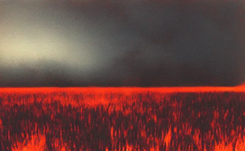 Prompt: burning field, dark, night, red light in the sky, smoke, 1998 photo