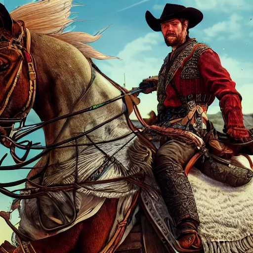 Prompt: arthur morgan riding a horse, an ultrafine hyperdetailed illustration by kim jung gi, irakli nadar, takato yamamoto, intricate linework, bright colors, porcelain skin, unreal engine 5 highly rendered, cgsociety, fractal background, global illumination, radiant light, detailed and intricate environment