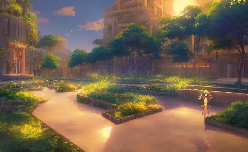 Image similar to beautiful landscape artwork of the gardens of babylon at night, ambient lights, masterpiece by Makoto Shinkai