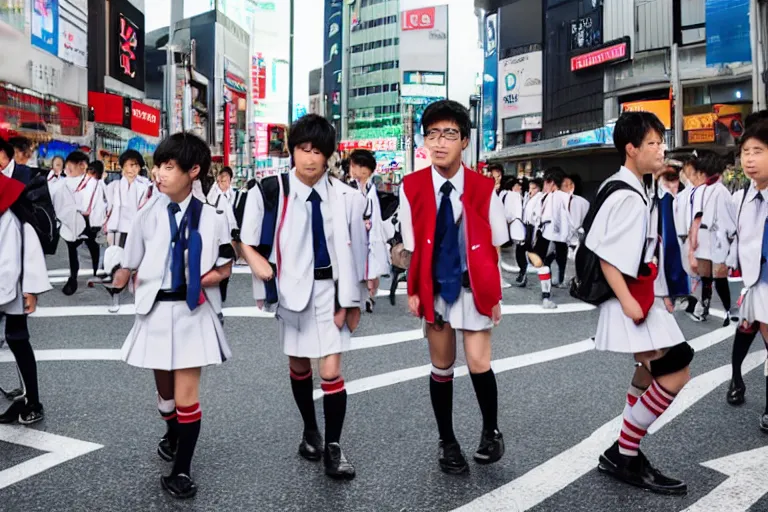 Image similar to japanese middle school boys wearing school uniforms at shibuya crossing, red weapon 8 k s 3 5, cooke anamorphic / i lenses, highly detailed, cinematic lighting