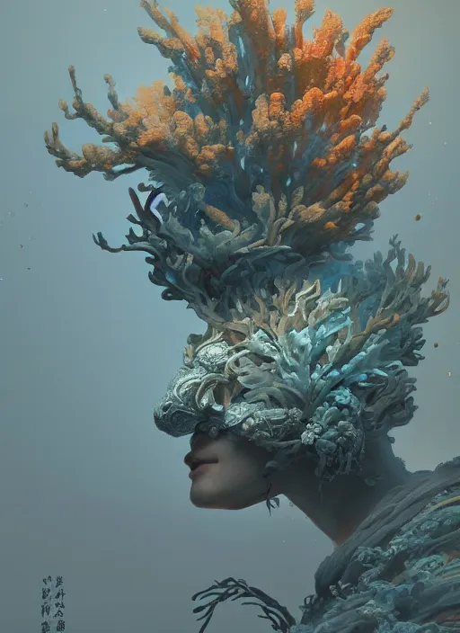 Image similar to Helmet of a forgotten Deity, corals, plume made of seaweed, glowing fish, extremly detailed digital painting, in the style of Fenghua Zhong and Ruan Jia and jeremy lipking and Peter Mohrbacher, mystical colors, rim light, beautiful lighting, 8k, stunning scene, raytracing, octane, trending on artstation