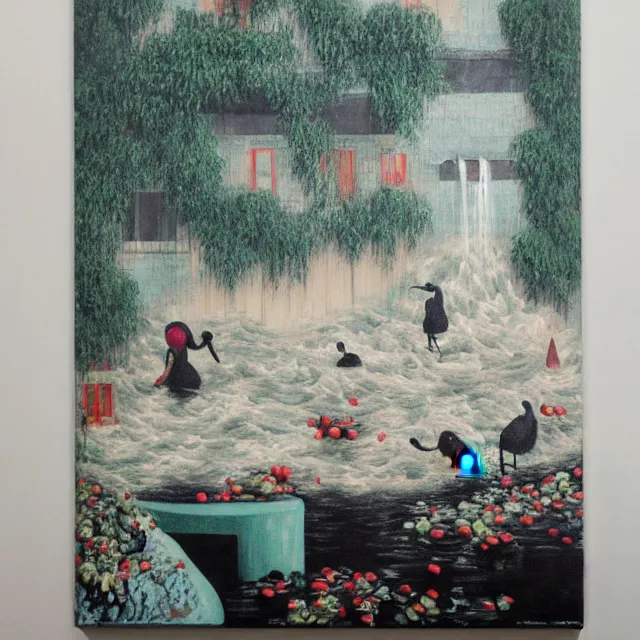 Image similar to painting of flood waters inside an apartment, tall female emo art student, a river flooding through a wall, tangelos, zen, pigs, ikebana, water, river, rapids, waterfall, black swans, canoe, pomegranate, berries dripping, acrylic on canvas, surrealist, by magritte and monet