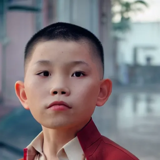 Image similar to cinematic still light skin vietnamese 6 year old boy in star wars, slight underbite, heart shaped face, round cheeks, crew cut hair