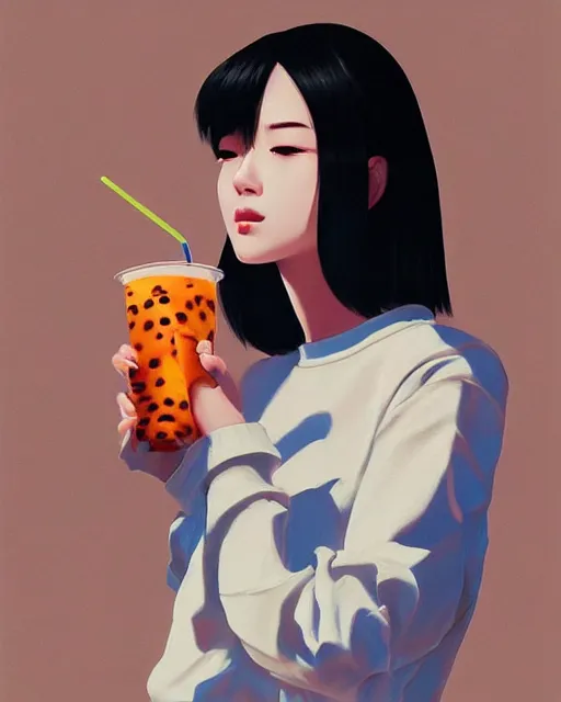 Image similar to A ultradetailed beautiful portrait panting of a stylish woman drinking boba tea, she is wearing streetwear, Oil painting, by Ilya Kuvshinov, Greg Rutkowski and Makoto Shinkai