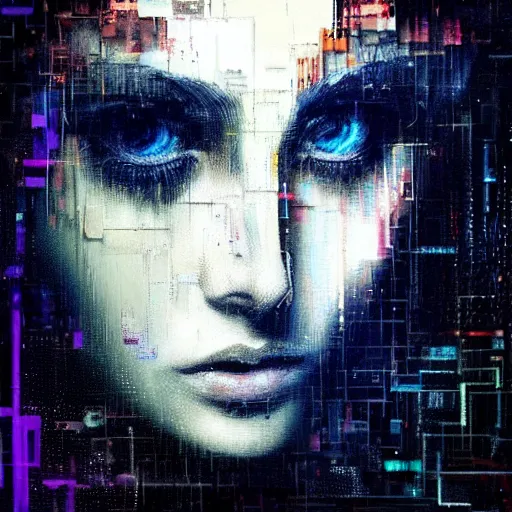 Prompt: hyperrealistic portrait of a young women with crystal eyes, by Guy Denning, by Johannes Itten, by Russ Mills, glitch art, mysterious, hacking effects, digital tech effects, cyberpunk, color blocking!, oil on canvas, intricate detail, concept art, abstract, detailed lines, clean, polished, symmetrical, octane, cgsociety, 8k, trending on artstation