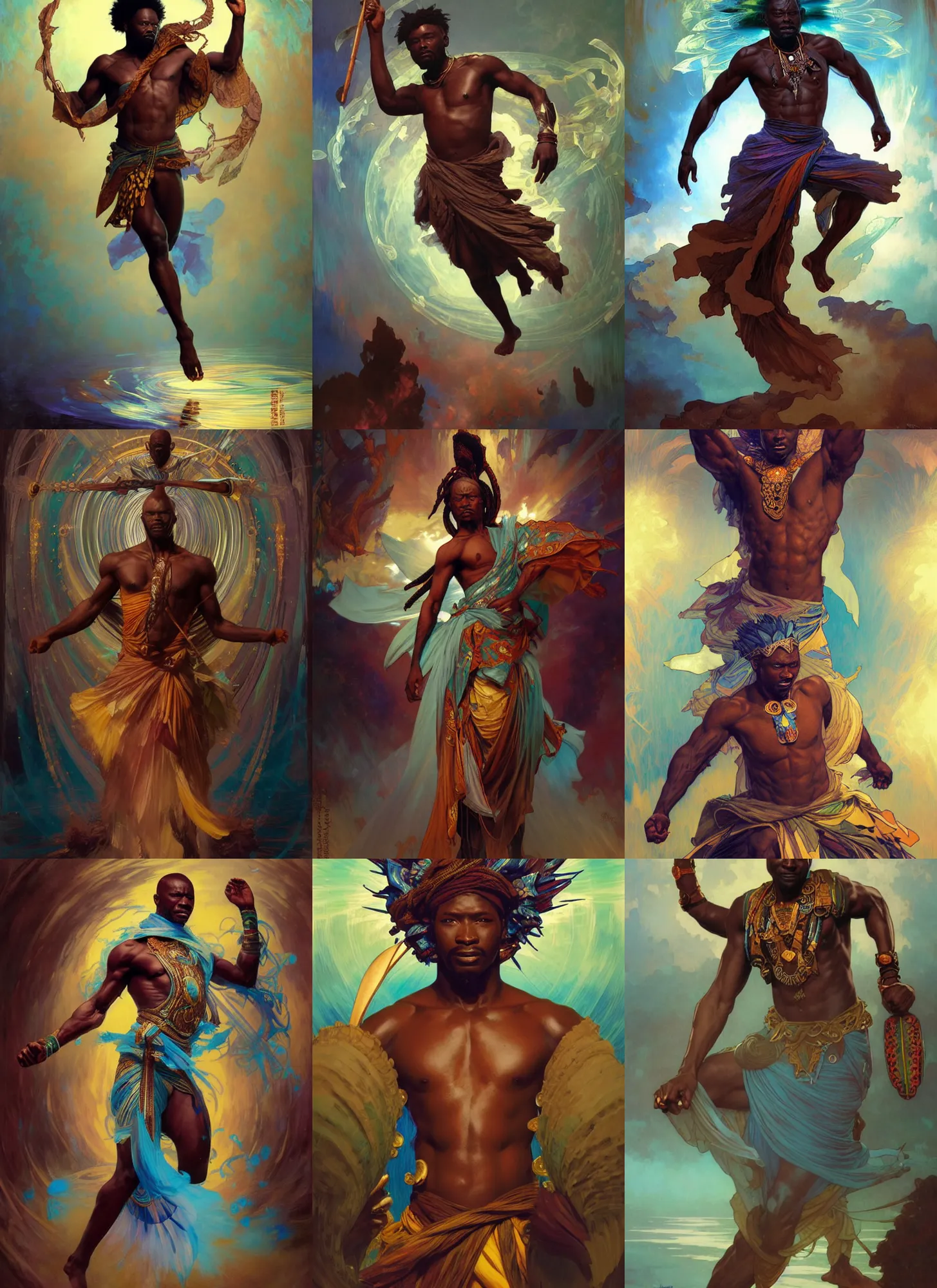 Prompt: african man warrior, cyan spike aura in motion, flowing robes, floating pieces, painted by art by tsuyoshi nagano, greg rutkowski, artgerm, alphonse mucha, spike painting