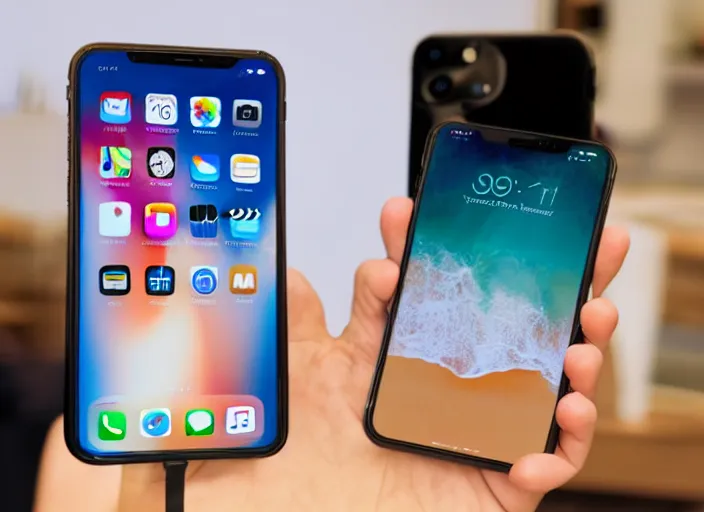 Image similar to product still of the new iphone 2 0 with a folding transparent holographic display in 2 0 2 9, 4 k, 8 5 mm f 1. 8