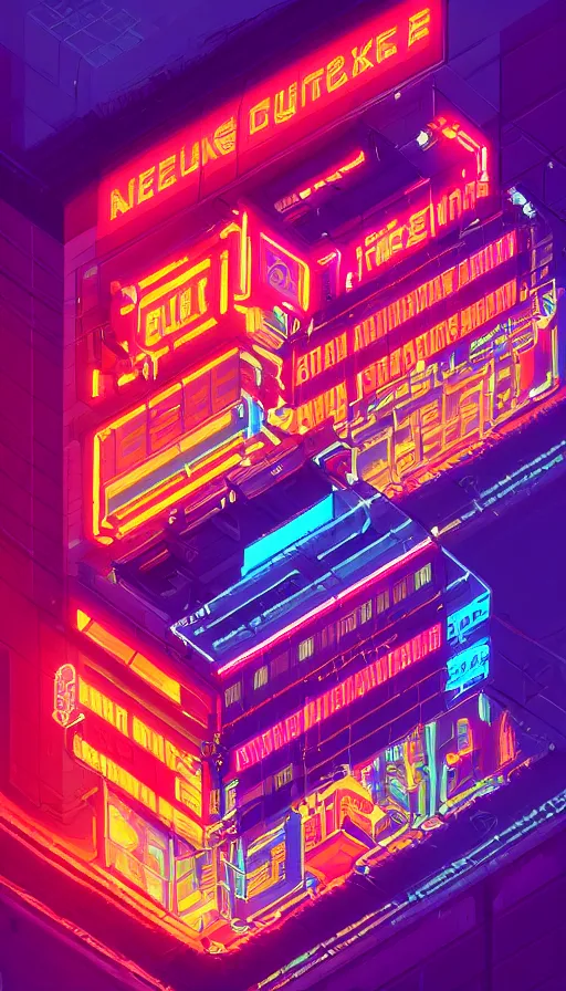 Image similar to a drawing of a building with a neon sign on top of it, cyberpunk art by james gilleard, behance contest winner, pixel art, voxel art, # pixelart, retrowave