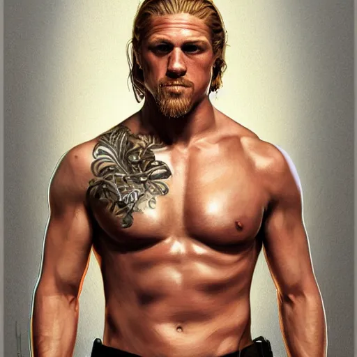 Prompt: Portrait of Jax Teller, muscular torso, intricate upper body, highly detailed, digital painting, artstation, concept art, smooth, sharp focus, illustration, art by Hajime Sorayama