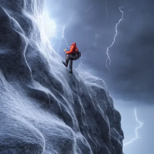 Prompt: climber, extreme cold, storm, octane rendering, volumetric lightning, hyperrealism, no blur, 4 k resolution, ultra detailed