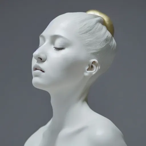 Image similar to full head and shoulders, beautiful female porcelain sculpture by daniel arsham and raoul marks, smooth matte skin, all white features on a white background, delicate facial features, white eyes, white lashes, gold liquid dripping from eyes