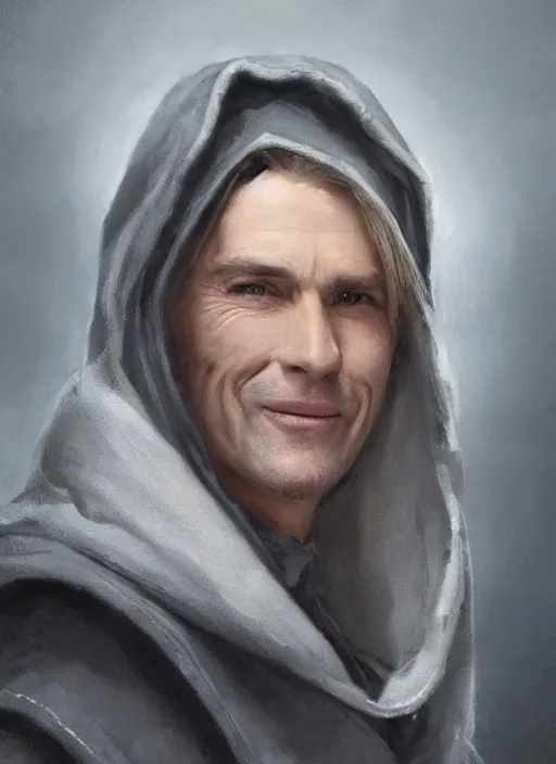 Image similar to a clean shaven man aged 4 0 with tousled blonde hair and hazel eyes and a friendly smile. he is handsome and wearing a grey cloak. head and shoulders portrait painting by greg rutkowski and raymond swanland.