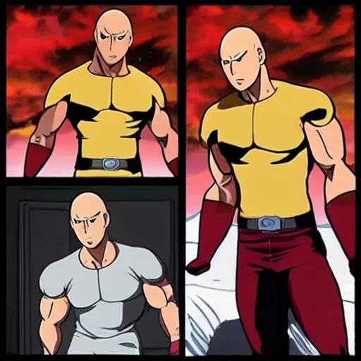 Image similar to dwayne the rock johnson cosplaying as saitama of one punch man