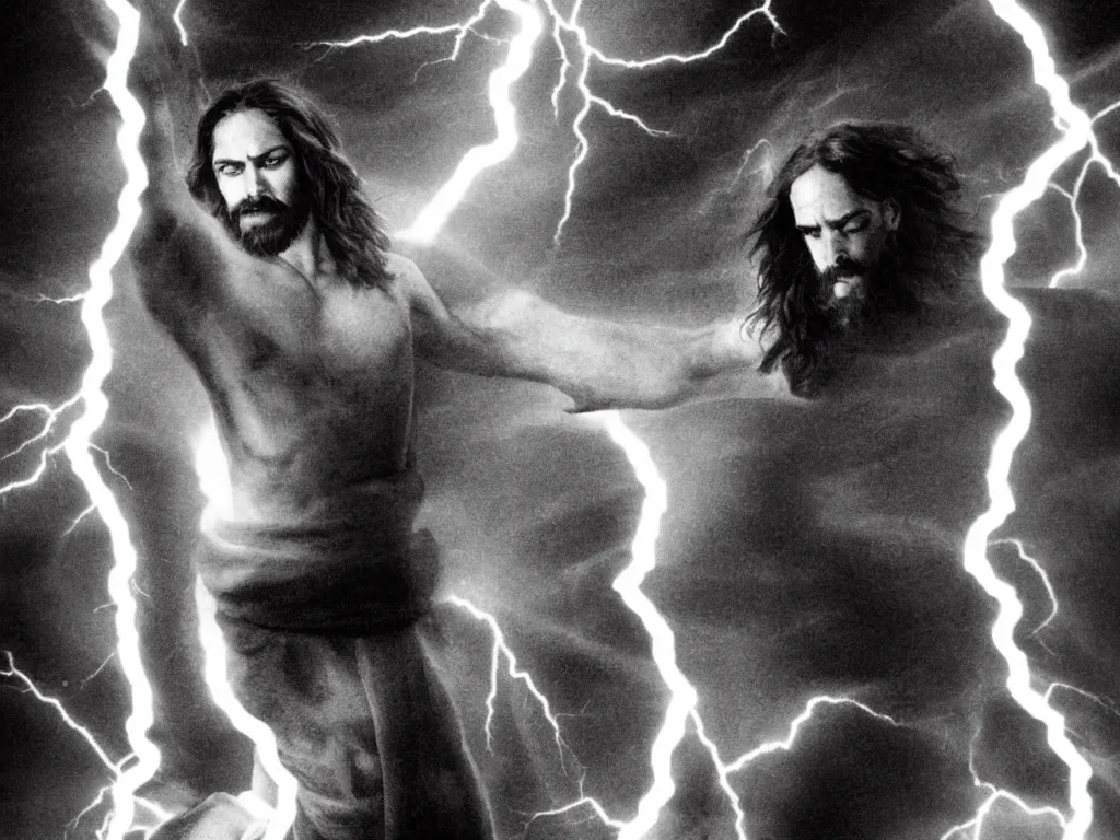 Image similar to jesus floating above the water shooting lightning out of his hands, sin city, full shot, graphic novel, symmetrical, frontal,