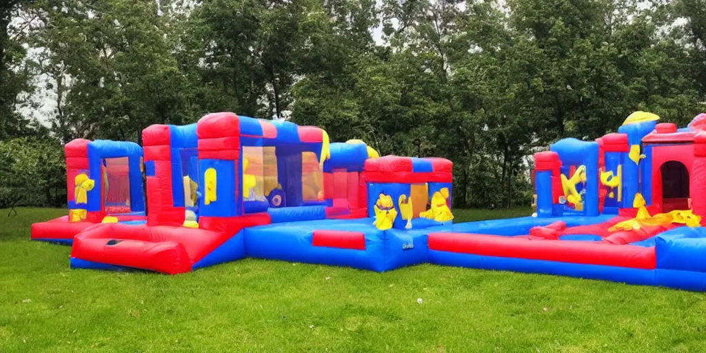 Prompt: a bouncy castle with children inside blowing in the wind during a violent thunderstorm, hyperreal