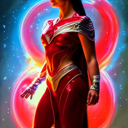 Image similar to olivia rodrigo as darna, wax figure, glowing eyes, volumetric lights, red and cyan theme, art nouveau botanicals, intricate, highly detailed, digital painting, artstation, concept art, smooth, sharp focus, cinematic, illustration, beautiful face, art by artgerm and greg rutkowski and alphonse mucha