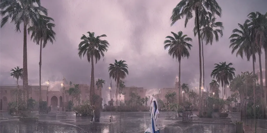 Image similar to thunderstorm in marrakech, palm trees, moroccan mosque, wlop, james jean, tom bagshaw, rococo, trending on artstation, fantasy, intricate, elegant, highly detailed, digital painting, concept art, smooth, illustration, cinematic lighting, hyper realism, octane render, 8 k, hyper detailed.