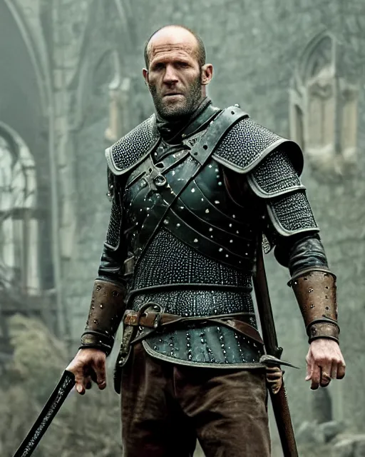 Prompt: jason statham cast as dijkstra in the witcher netflix series, wearing fine medieval clothing