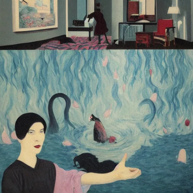 Image similar to tall female emo artist in her flooded apartment, water gushing from ceiling, painting of flood waters inside an artist's home, a river flooding indoors, pomegranates, pigs, ikebana, zen, water, octopus, river, rapids, waterfall, black swans, canoe, berries, acrylic on canvas, surrealist, by magritte and monet