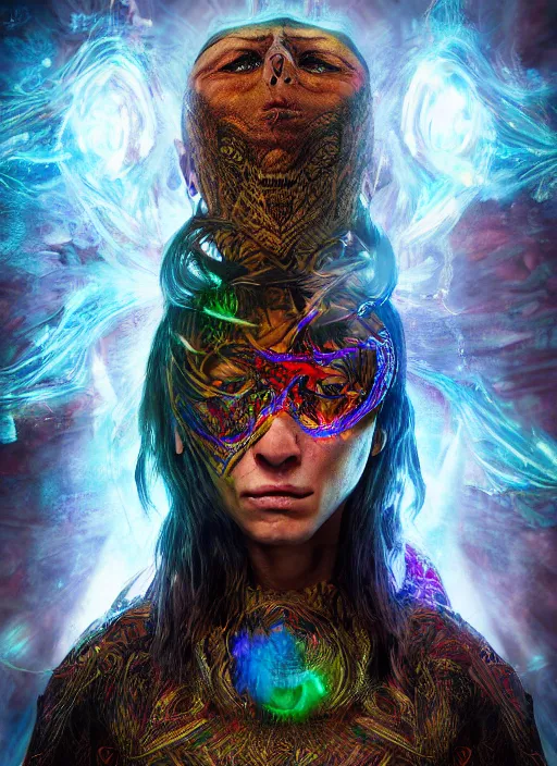 Image similar to An epic fantasy comic book style portrait painting of a wild- eyed shaman tripping on Ayahuasca, Shipibo textile patterns made of lasers, fisheye lens, unreal 5, DAZ, hyperrealistic, octane render, cosplay, RPG portrait, dynamic lighting