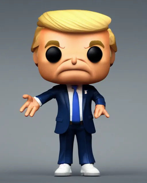 Image similar to full body 3d render of funko pop donald trump as a funko pop, studio lighting, white background, blender, trending on artstation, 8k, highly detailed