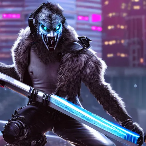 Prompt: cyberpunk wolfman holding a katana and jumping into action, tactical armor, action scene screenshot, unreal engine, high quality gloss art