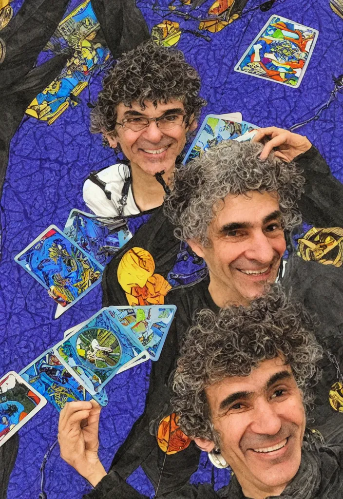 Image similar to Yoshua Bengio smiling on the Tarot card. Illustration.