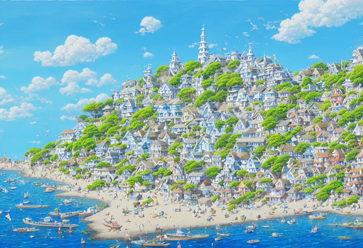 Prompt: a beautiful ultradetailed painting of a seaside town, sunny, close shot, studio ghibli sunlight, archdaily, wallpaper, highly detailed, trending on artstation