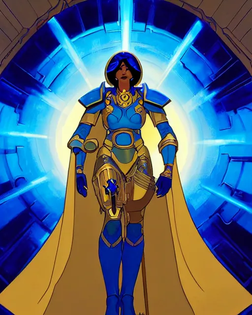 Image similar to a pharah made of blue crystal with a golden mask and helmet hovers ominously in the air inside a high - tech tomb, comic cover painting, masterpiece artstation. 8 k, sharp high quality artwork in style of wayne reynolds, alphonse mucha, arthur adams, greg rutkowski, and don bluth, concept art by jack kirby