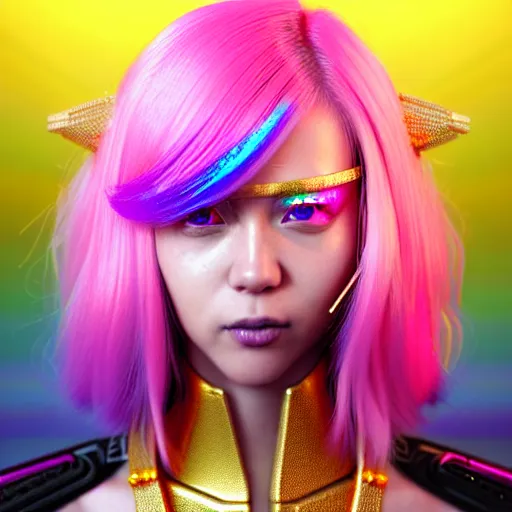 Prompt: hyperdetailed portrait of a stunningly beautiful cyberpunk cutie with blonde hair guard made of iridescent metals and shiny pink gems, bright rainbow nimbus, gold necklace, gold background inspired by ross tran and masamune shirow and kuvshinov, intricate, photorealistic, octane render, rtx, hdr, unreal engine, dnd digital art by artgerm