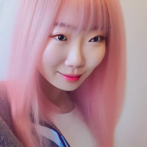 Image similar to beautiful hyperrealism selfie of nikki 苏 暖 暖 from shining nikki, a cute 3 d young woman smiling softly, long light pink hair and full bangs, flushed face, blushing, small heart - shaped face, soft features, amber eyes, chinese heritage, golden hour, 8 k, sharp focus, instagram