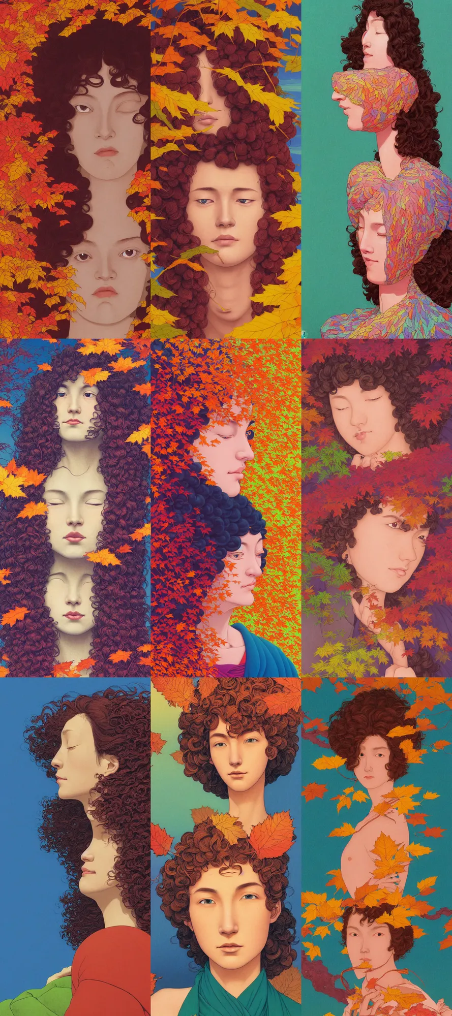 Prompt: a colorful vibrant closeup portrait of a simple caucasian woman with curly mid length brown hair with a calm afraid aesthetic face with autumn leaves and dreaming psychedelic hair, by kawase hasui, moebius, edward hopper and james gilleard, zdzislaw beksinski, steven outram colorful flat surreal design, hd, 8 k, artstation