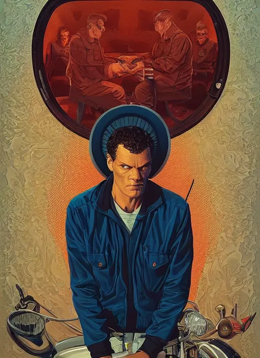 Prompt: poster artwork by Michael Whelan and Tomer Hanuka, Karol Bak of portrait of Michael Shannon!! the local mechanic clerk at the auto store, from Twin Peaks, clean, simple illustration, nostalgic, domestic, full of details