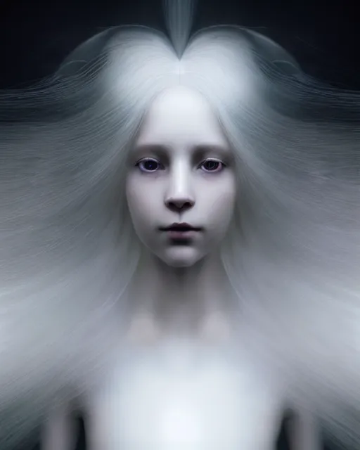 Image similar to delicate, dreamy, feminine, subsurface scattering, white, young beautiful robot - cyborg in cosmos long white hair floating in air, fluid smoke art, black and white, octane render, dino valls, mark ryden, joe fenton, michal karcz, highly detailed, rim light, art, cinematic lighting, very coherent, hyper realism, 8 k