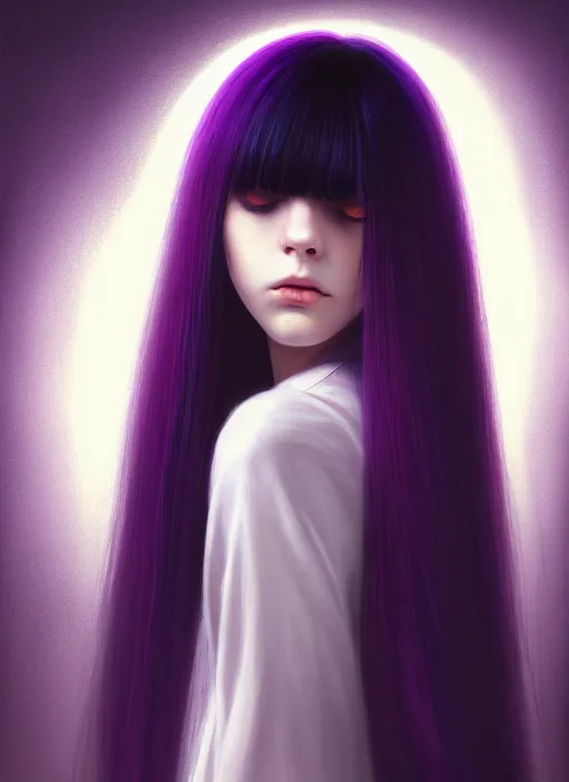 Image similar to hair whitebangs hair, black hair, whitebangs, portrait of teenage girl with white bangs, red irises, purple clothes, white bangs, bangs are different color from hair, intricate, elegant, glowing lights, highly detailed, digital painting, artstation, concept art, smooth, sharp focus, illustration, art by wlop, mars ravelo and greg rutkowski