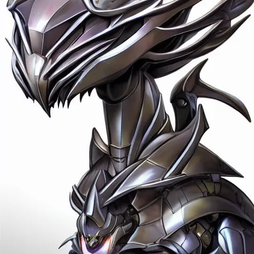 Image similar to stunning bust of a beautiful majestic anthropomorphic humanoid robot mecha female dragon, with smooth and streamlined armor, standing and posing elegantly, well detailed dragon head with epic LED eyes and a warm maw, sharp and dangerous sleek design, two arms, two legs, long tail, beautiful digital art, artstation, DeviantArt, FurAffinity, professional, depth of field, close-up, hd, octane render, sunset lighting