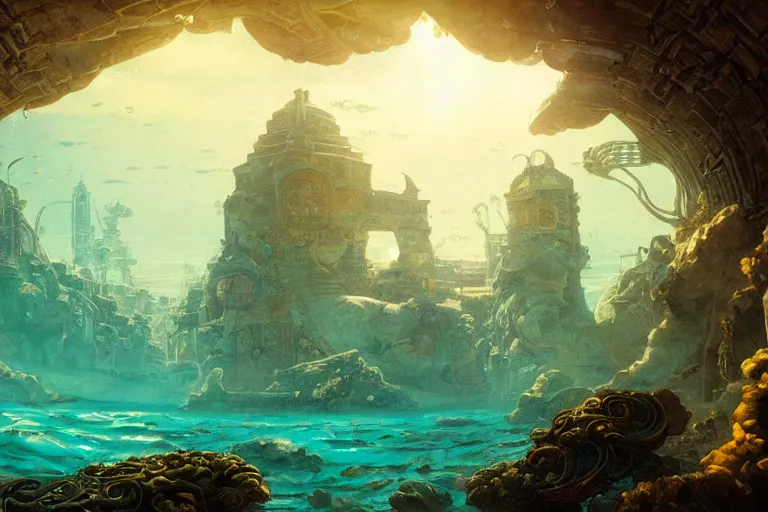 Prompt: a beautiful painting of the lost city of Atlantic city under water, ray of sunlight, mermaid in distance, Greg Rutkowski, Moebius, Mohrbacher, blue and gold color scheme