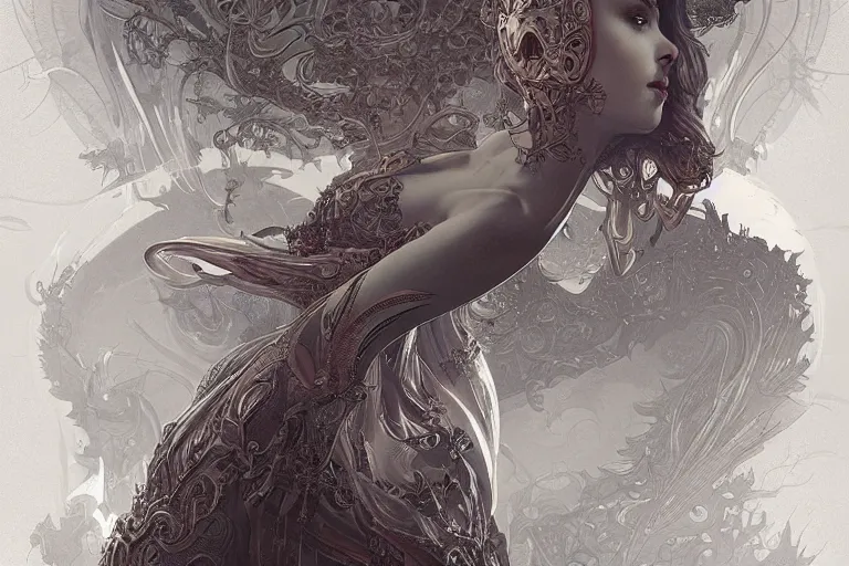 Prompt: a pretty woman made of liquid metal surrounded by an environment designed by Joe Fenton, fog, volumetric lighting, intricate, elegant, highly detailed, digital painting, artstation, concept art, smooth, sharp focus, art nouveau, art by artgerm and greg rutkowski and alphonse mucha