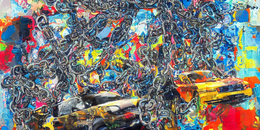 Prompt: car wash, big chain, collage, acrylic on canvas, expressionism movement, breathtaking detailed, by blake neubert