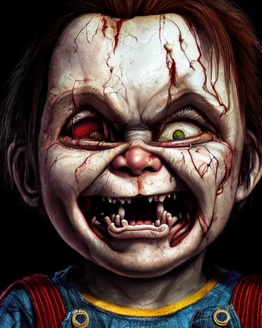 Image similar to chucky, hyper realistic face, horror, fantasy art, in the style of greg rutkowski, intricate, hyper detailed