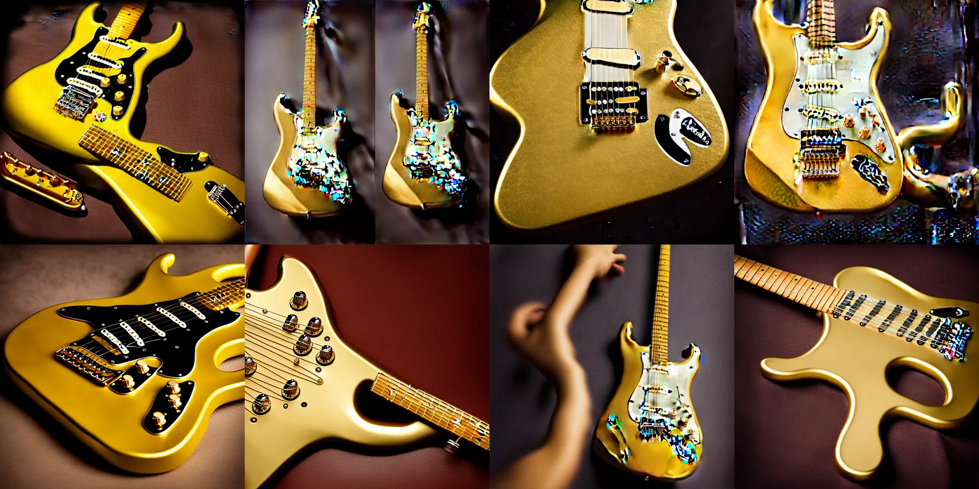 Prompt: “fender Stratocaster made from solid gold, symmetrical, beautiful, golden ratio, DSLR product photo”