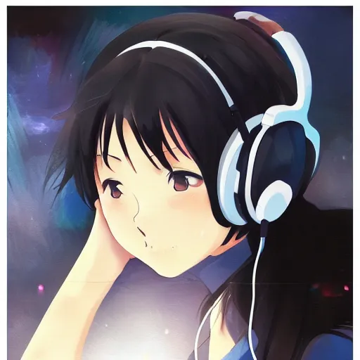 Image similar to Anime painting of a black haired girl wearing headphones while studying in her warm cozy home, by makoto shinkai, relaxed, calm, atmospheric, peacefull, trending on artstation, kimi no na wa