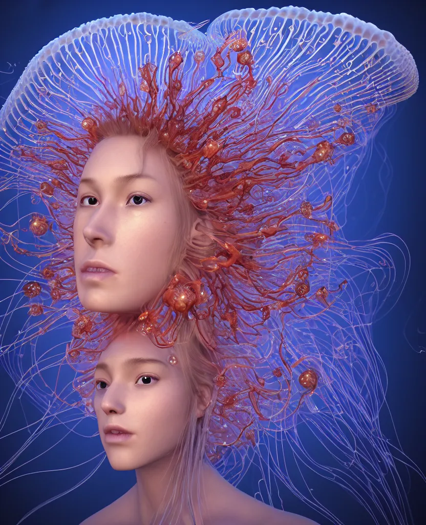 Prompt: close-up portrait of the face of a beautiful princess in a twisted flowers jellyfish mask surrounded by energy flow, epic angle and pose, symmetrical artwork, 3d with depth of field, blurred background, floating jellyfish skull phoenix bird, translucent, nautilus, energy flows of water and fire. a highly detailed epic cinematic concept art CG render. made in Maya, Blender and Photoshop, octane render, excellent composition, cinematic dystopian brutalist atmosphere, dynamic dramatic cinematic lighting, aesthetic, very inspirational, arthouse. y Greg Rutkowski, Ilya Kuvshinov, WLOP, Stanley Artgerm Lau, Ruan Jia and Fenghua Zhong