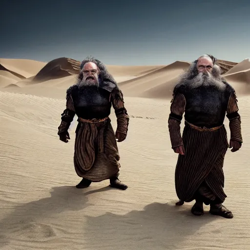 Image similar to the dwarves from the Dune movie by Denis Villeneuve, highly detailed photorealistic cinematic photoshot, high quality light postprocessing